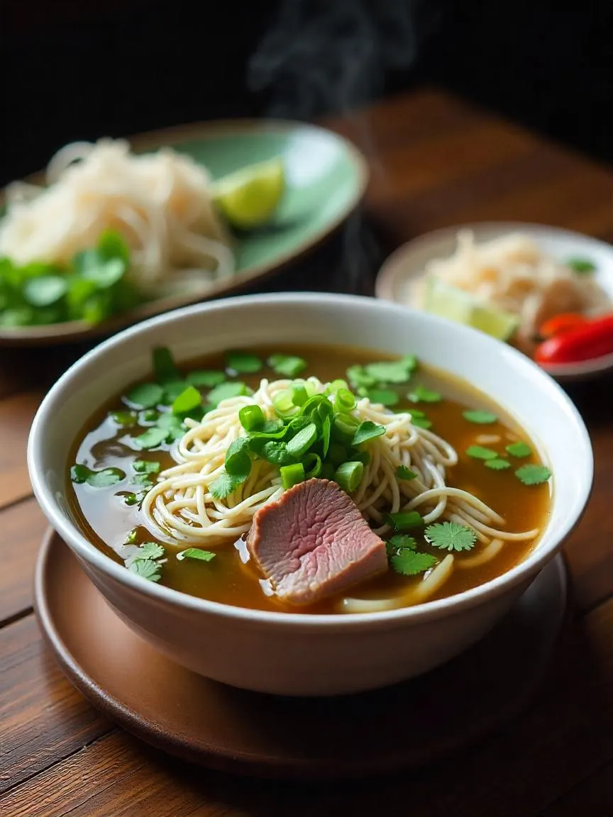 A comforting bowl of rare beef pho from Pho 79 in Westminster, featuring aromatic broth, fresh herbs, and vibrant garnishes on a rustic table setting. 
