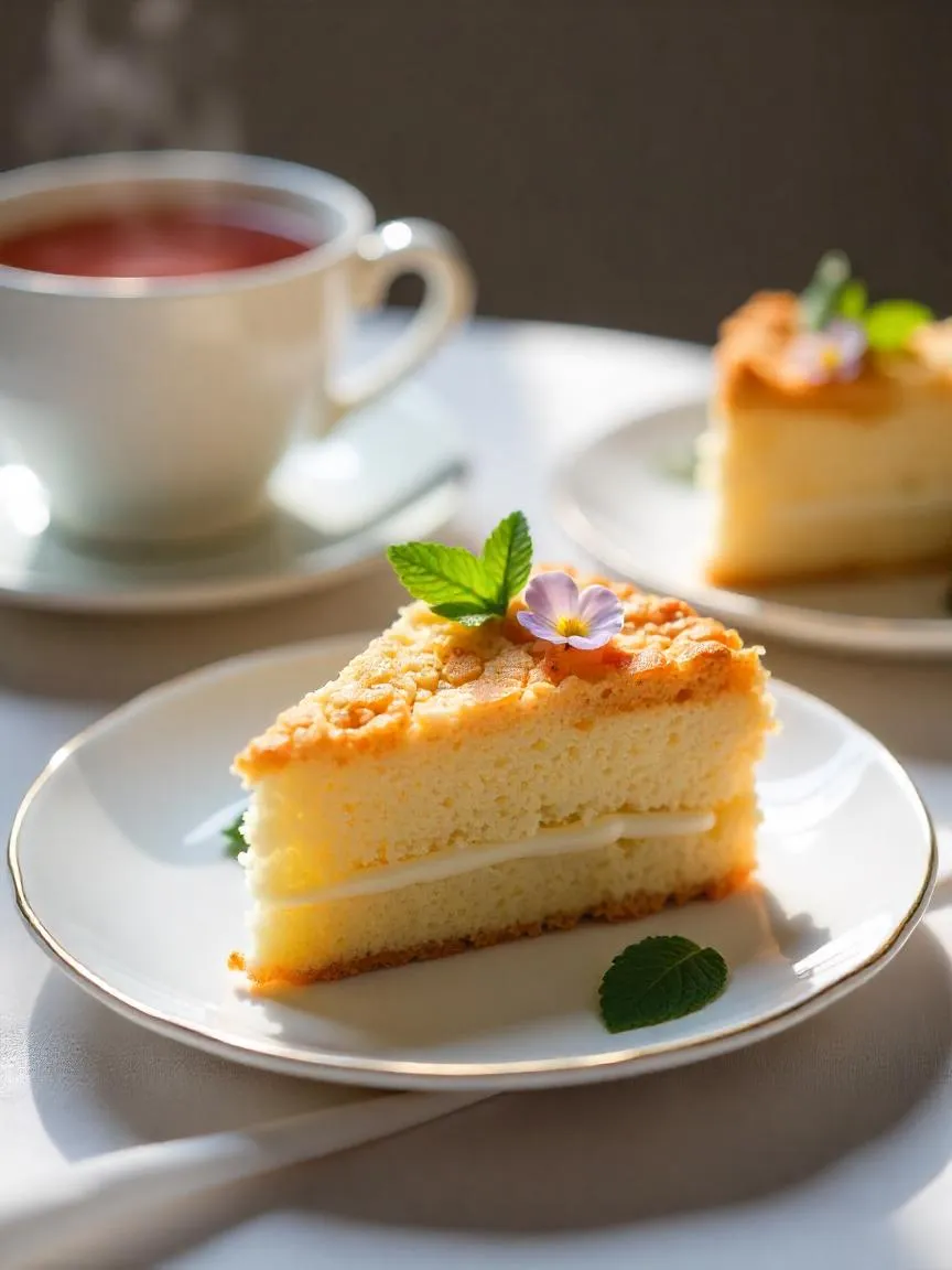 Close-up of a soft vanilla sponge cake topped with golden caramel coconut layer, ready to enjoy.