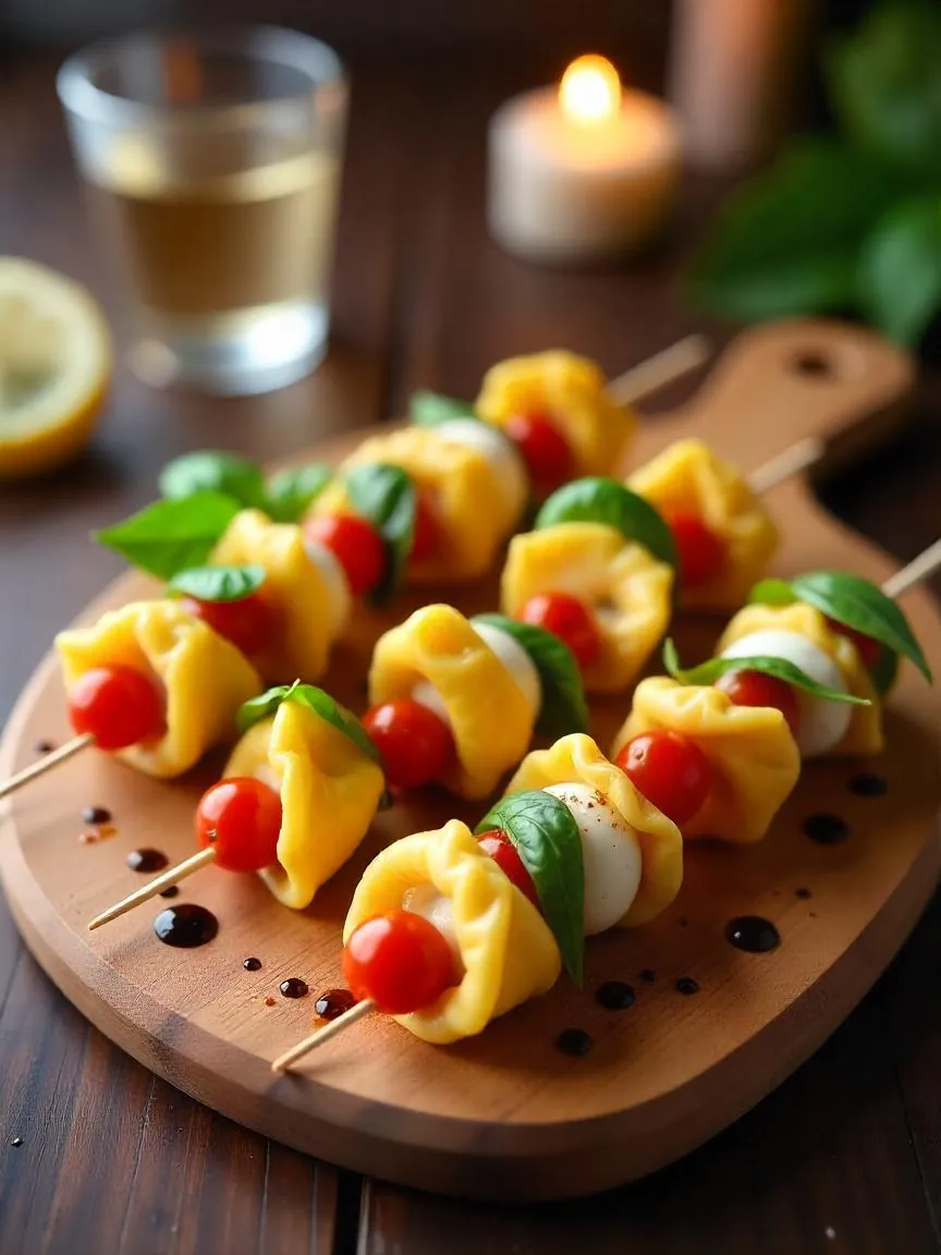 Vibrant skewers with cheese tortellini, cherry tomatoes, fresh mozzarella, and basil leaves. Lightly drizzled with balsamic glaze on a rustic serving board.

