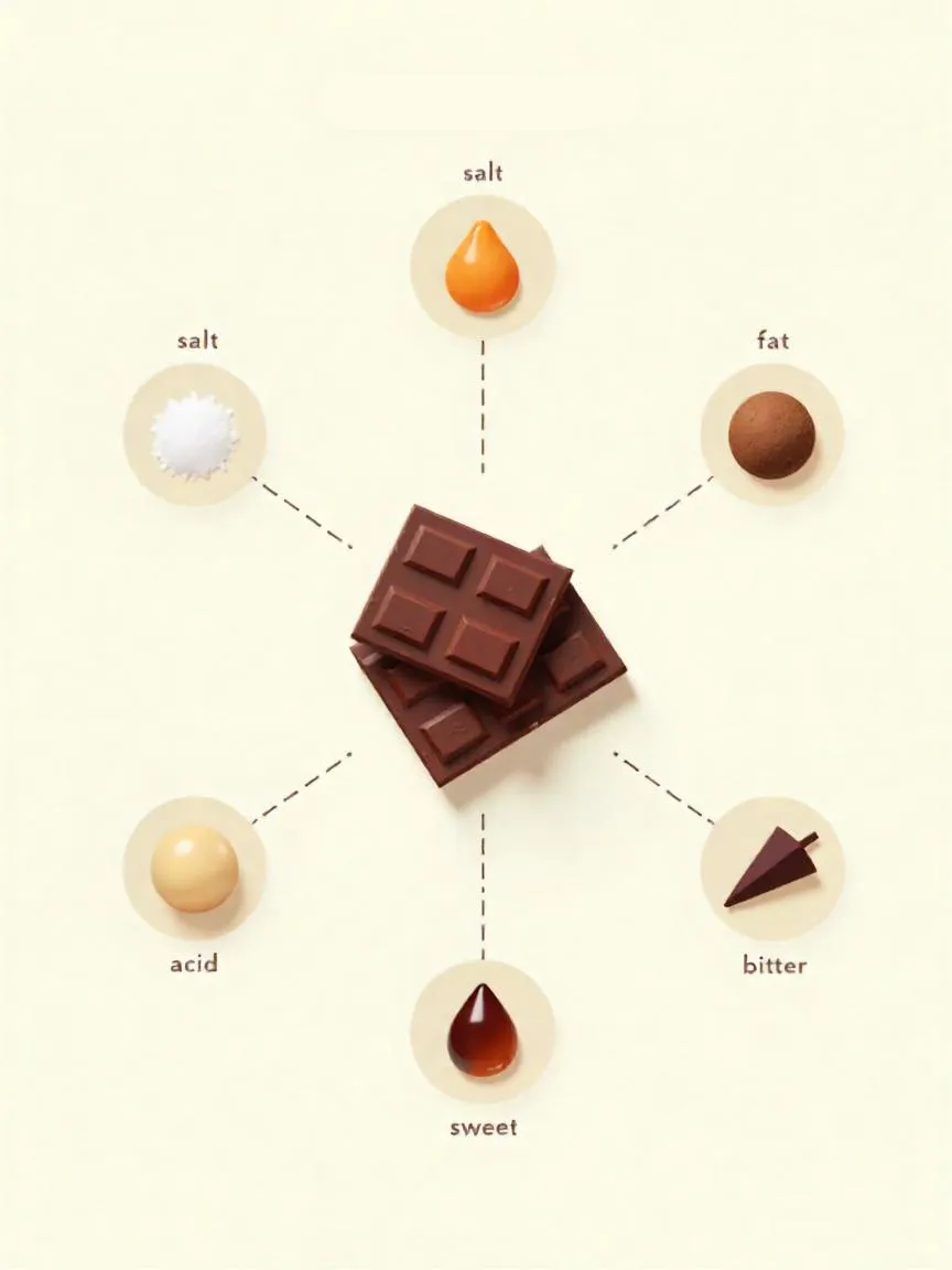 A minimal illustration showing the five key taste elements—salt, fat, acid, sweet, and bitter—with icons and connecting lines to represent harmony in flavor. 
