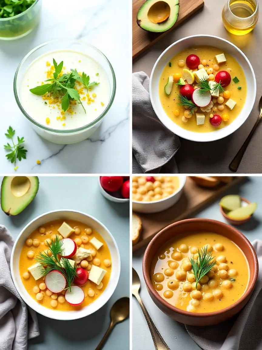 A visual collage of modern and traditional okroshka variations, featuring vegetarian options, party-style servings, and creative plating for summer meals. 