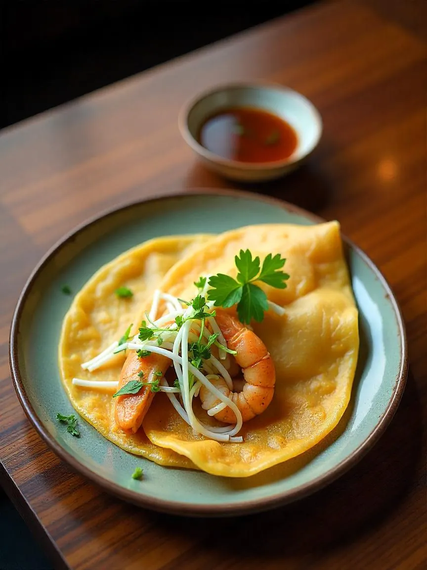 Golden, crispy Banh Xeo stuffed with prawns, pork belly, and bean sprouts, served with fresh herbs and dipping sauce at Little Sister restaurant. 