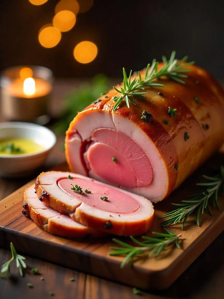 Golden-brown porchetta roast sliced to reveal juicy layers, served on a wooden platter with fresh herbs and a bright lemony herb sauce on the side.

