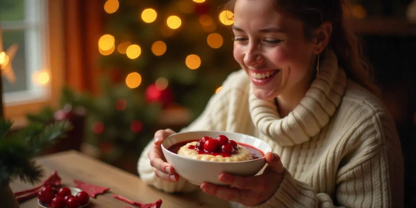 Creamy Danish risalamande rice pudding topped with warm cherry sauce, served in a bowl with festive decorations in the background.
