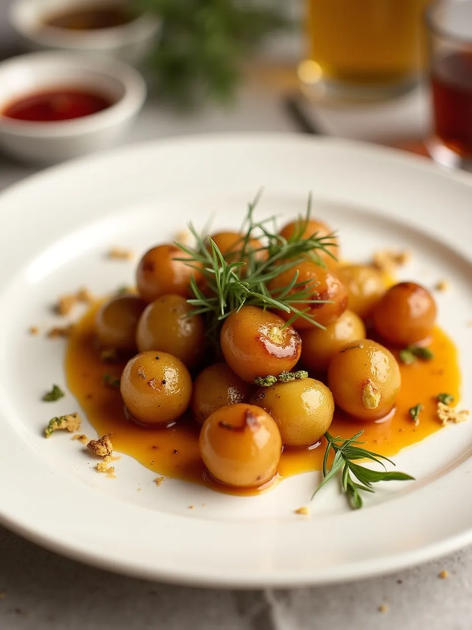 Golden brown caramelized potatoes, crispy on the outside and soft inside, arranged elegantly for a festive meal.