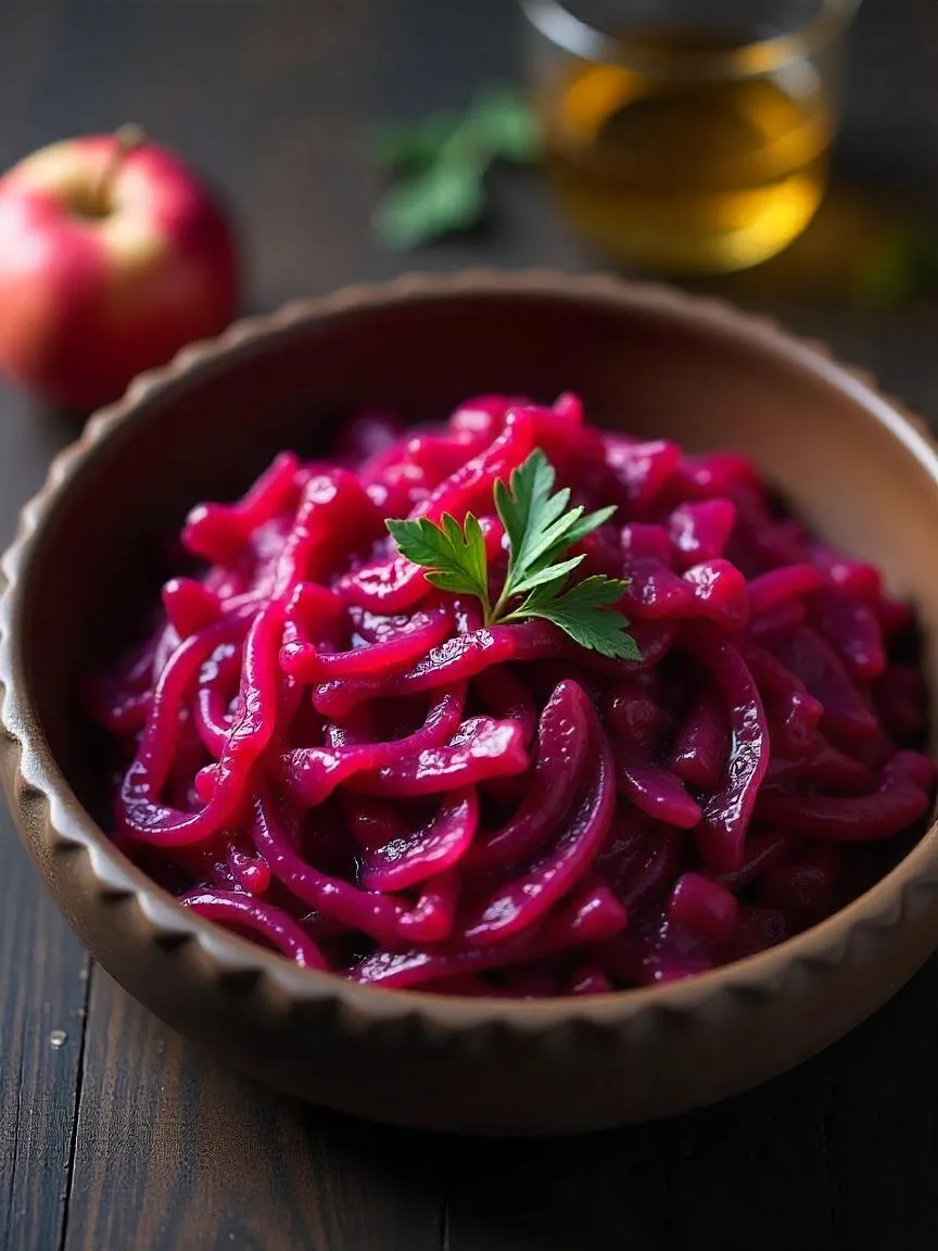 Close-up of vibrant red cabbage dish rødkål, garnished with fresh herbs and served in a rustic bowl.