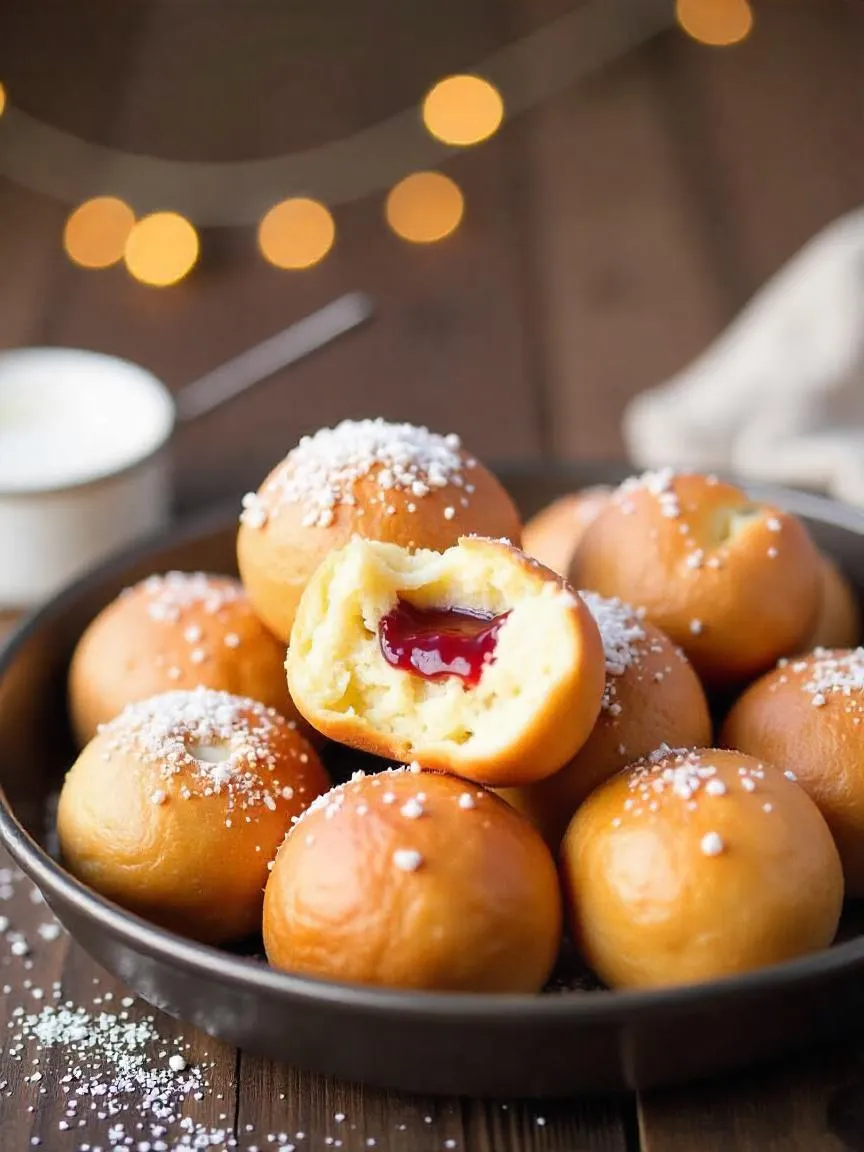 Close-up of a plate with soft, golden æbleskiver pancake balls, drizzled with syrup and decorated with fresh strawberries and mint leaves.