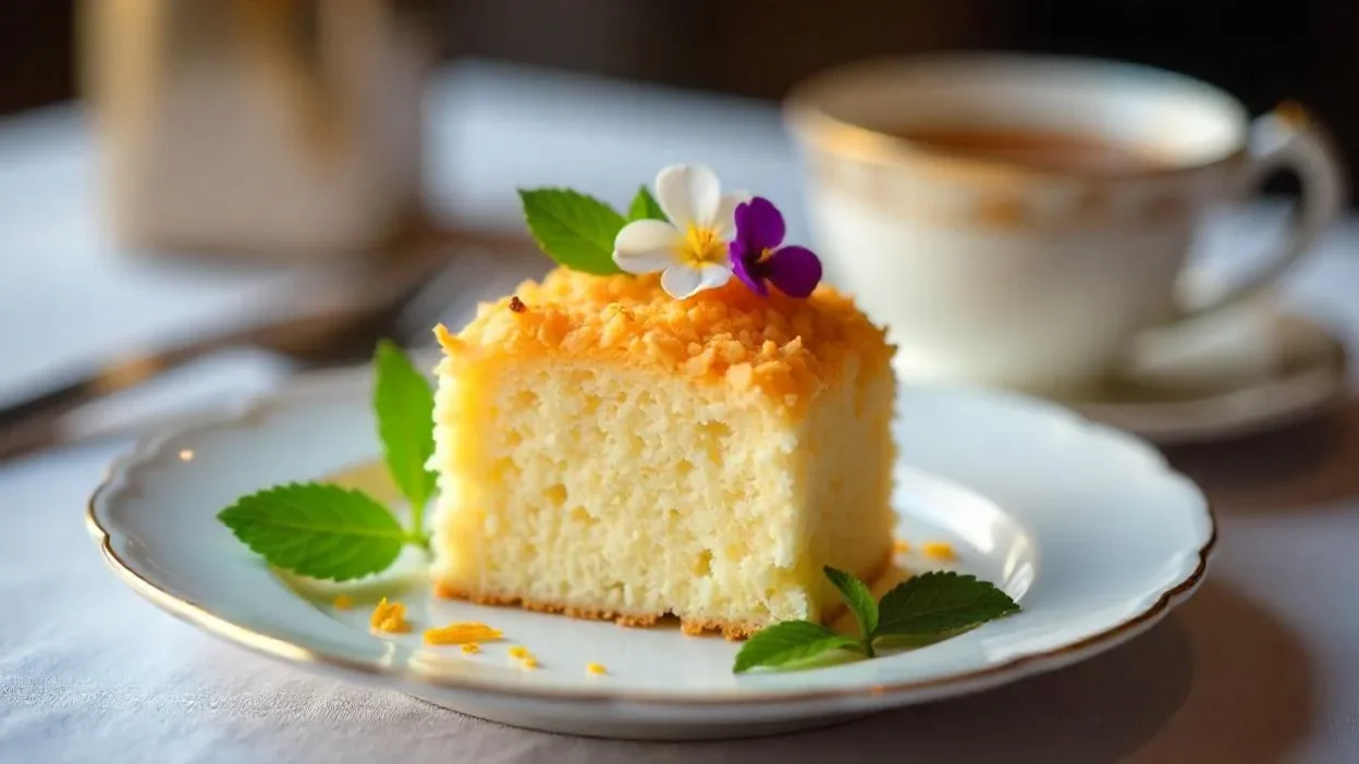 A slice of Danish coconut dream cake with caramelized coconut topping on a white plate.