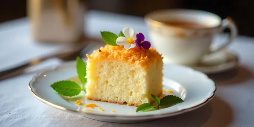 A slice of Danish coconut dream cake with caramelized coconut topping on a white plate.