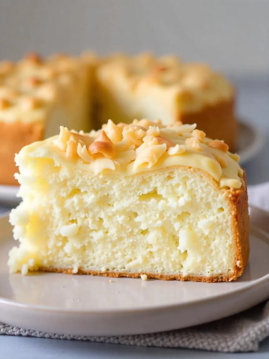 Traditional Danish coconut dream cake served with a cup of tea and fresh mint garnish.