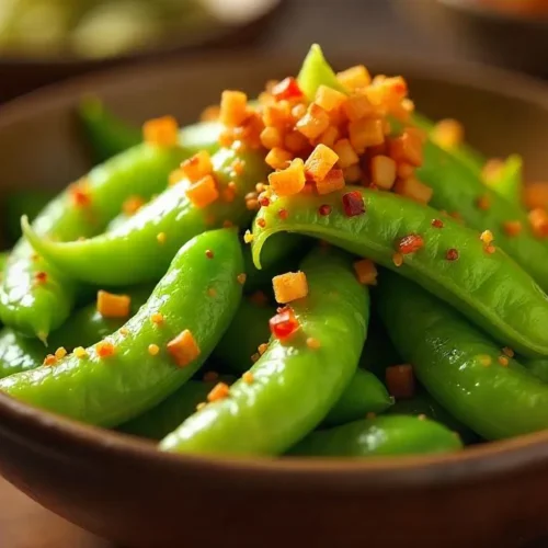 Fresh edamame beans served in a wooden bowl, lightly salted.