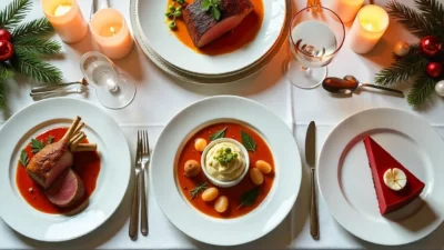 A beautifully set dinner table featuring gourmet festive dishes like roast rack of lamb, pistachio tiramisu, and seafood stew. Candlelight, white linens, and greenery complete the celebratory mood.