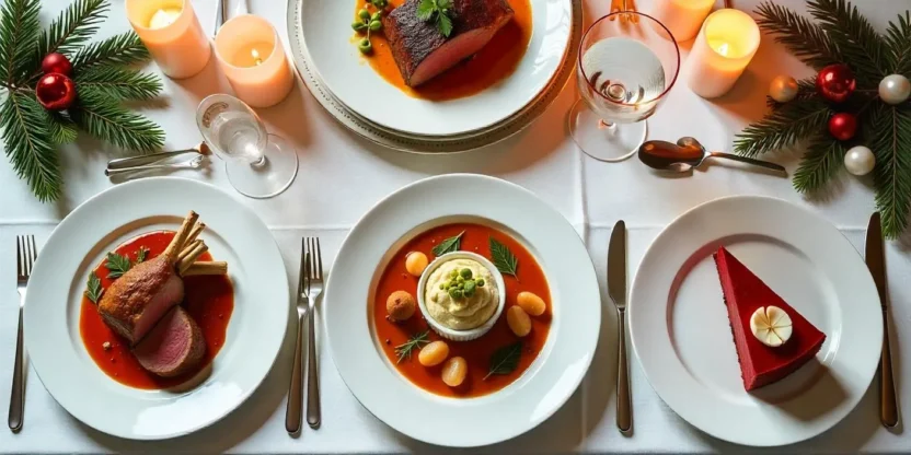 A beautifully set dinner table featuring gourmet festive dishes like roast rack of lamb, pistachio tiramisu, and seafood stew. Candlelight, white linens, and greenery complete the celebratory mood.