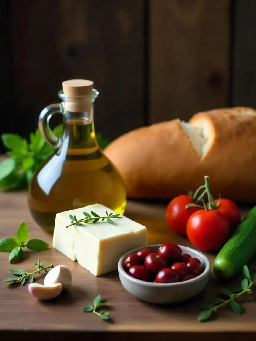 A beautiful still life showcasing the core ingredients of Greek cuisine—fresh herbs, olive oil, feta, and vibrant produce—arranged in a traditional, rustic setting. 