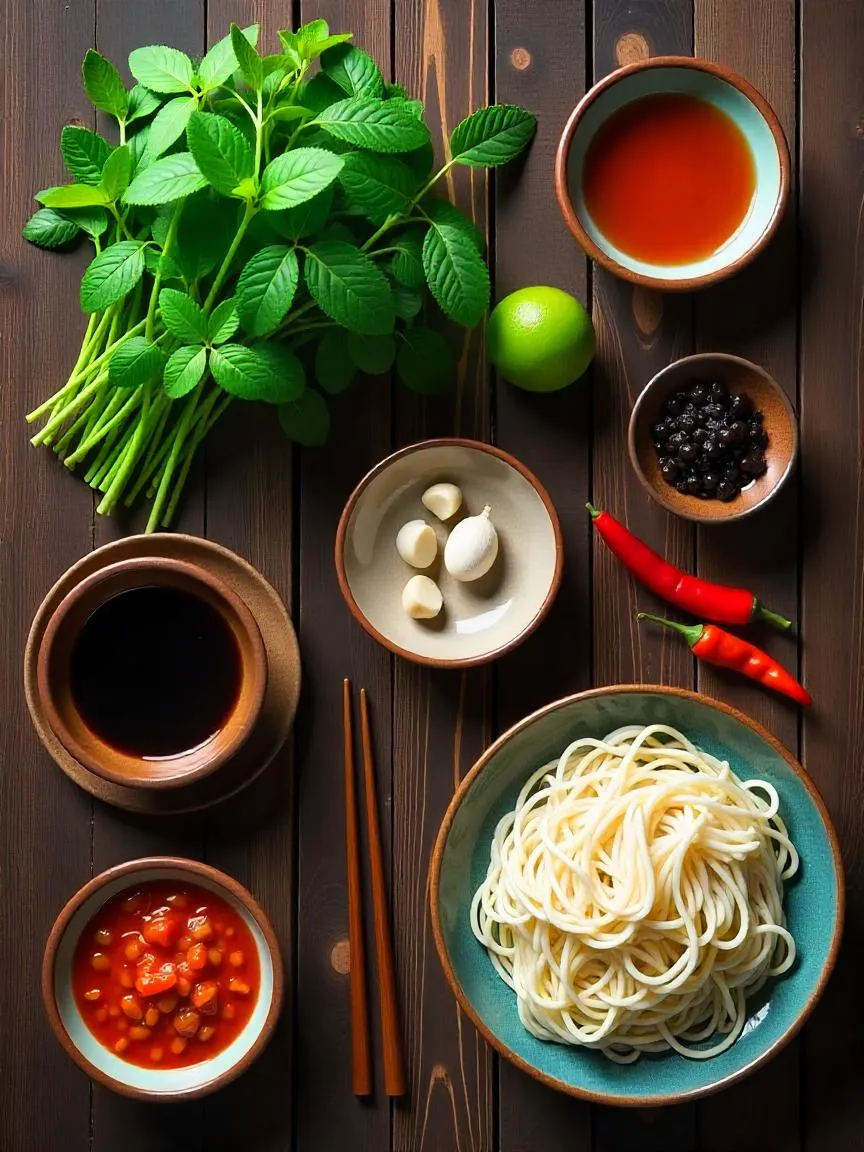 A colorful display of herbs, sauces, and aromatics essential to Vietnamese cooking, highlighting the balance of freshness, umami, and tradition in every dish. 