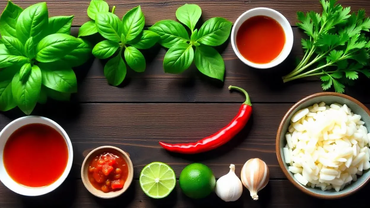 A beautiful flat lay featuring core Vietnamese herbs and condiments like fish sauce, mint, Thai basil, and fermented shrimp paste—highlighting the heart of Vietnamese cuisine.