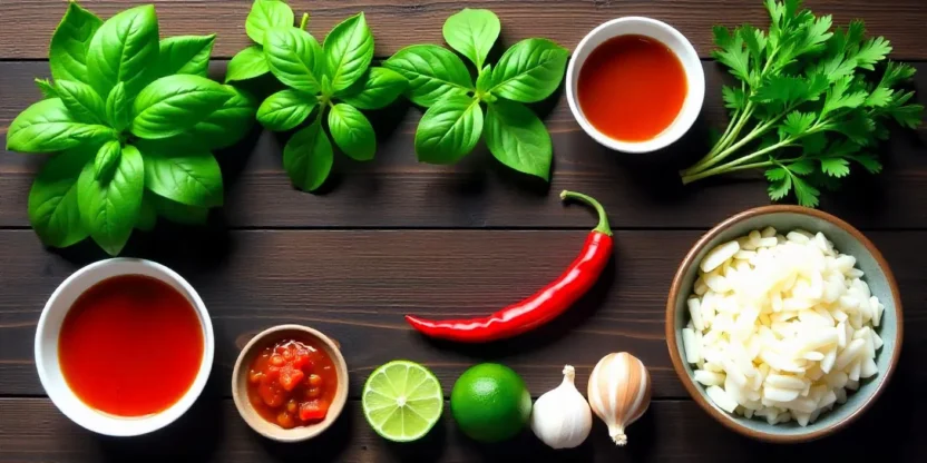 A beautiful flat lay featuring core Vietnamese herbs and condiments like fish sauce, mint, Thai basil, and fermented shrimp paste—highlighting the heart of Vietnamese cuisine.