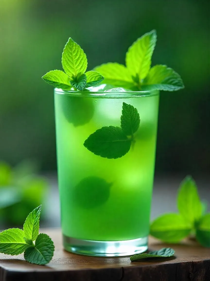 Refreshing green beverage in a clear glass, garnished with fresh mint leaves and ice cubes, set against a light background.