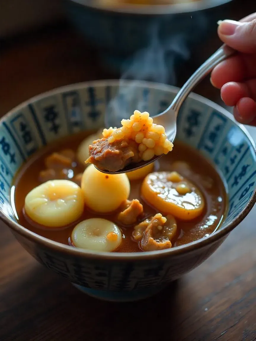 Japanese comfort food Nikujaga featuring sliced beef and root vegetables cooked in a sweet and savory broth, ready to be enjoyed.
