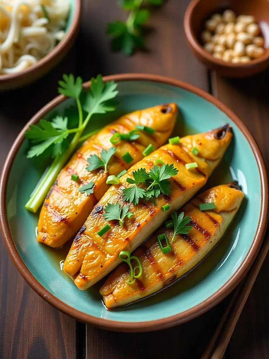 Golden Deli’s Cha Ca features grilled turmeric fish with dill and herbs, served with noodles and dipping sauce for a flavorful Vietnamese experience. 