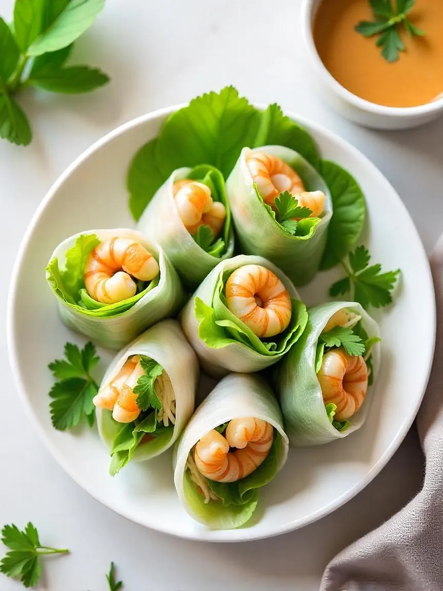 Nong La’s Goi Cuon features rice paper rolls filled with shrimp, herbs, and noodles, served with peanut sauce for a refreshing Vietnamese bite. 