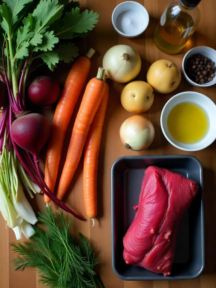 Raw vegetables and beef laid out on a wooden counter, including beets, cabbage, carrots, potatoes, and fresh herbs—ready for cooking traditional borscht. 