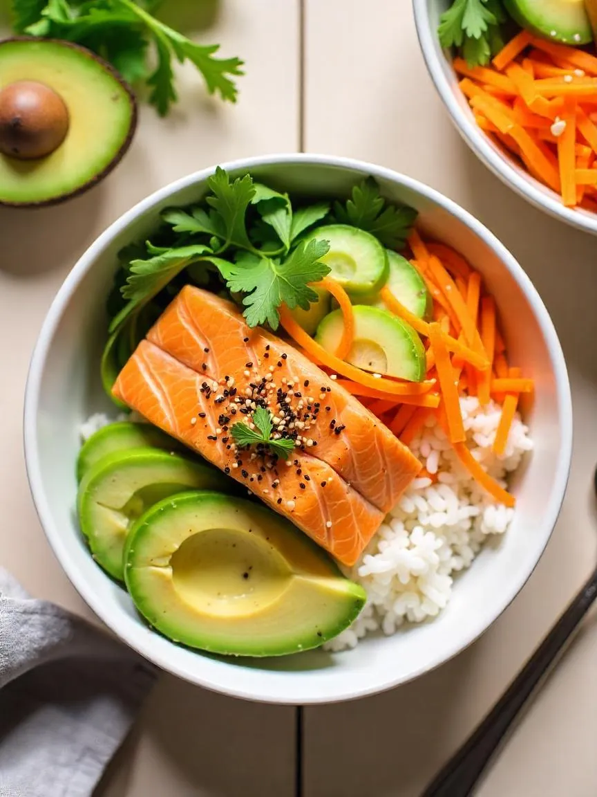 A vibrant bowl with salmon, rice, avocado, cucumber, and spicy mayo. Balanced, colorful, and easy to make—TikTok’s favorite healthy meal idea.