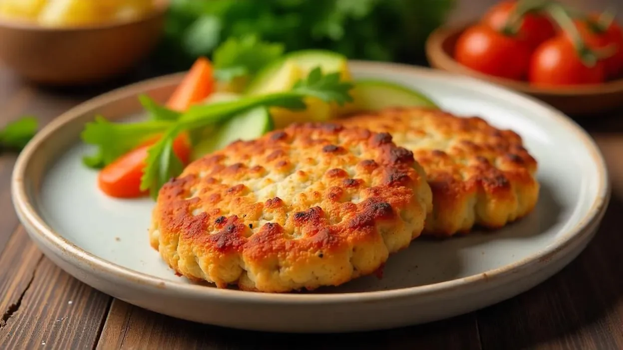 Golden pan-fried Danish frikadeller meat patties served with boiled potatoes and fresh salad on a rustic wooden table.