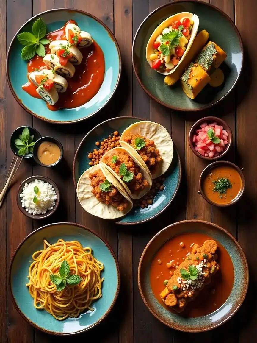 A vibrant overhead view of signature dishes from world cuisines, including sushi, tacos, tagine, pasta, and curry, styled authentically and without text. 