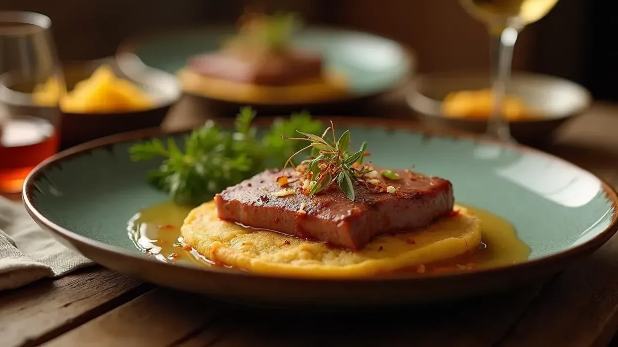 Traditional Slovak dish, Husacia Pečeň (goose liver), served on a rustic plate with golden-brown lokša (potato pancakes), drizzled with goose fat, and garnished with fresh herbs. A glass of Slovak Tokaj wine sits beside the dish on a wooden table, creating a warm, inviting dining scene.