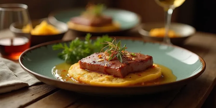Traditional Slovak dish, Husacia Pečeň (goose liver), served on a rustic plate with golden-brown lokša (potato pancakes), drizzled with goose fat, and garnished with fresh herbs. A glass of Slovak Tokaj wine sits beside the dish on a wooden table, creating a warm, inviting dining scene.