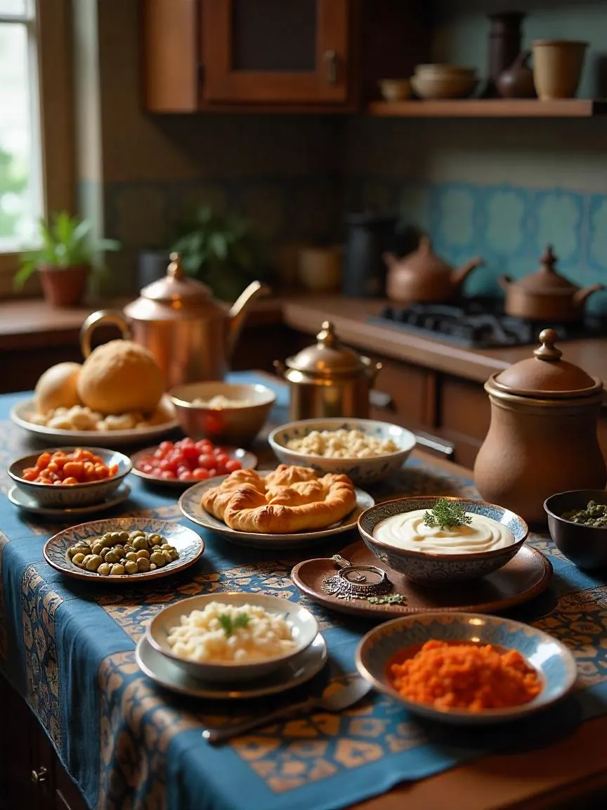 A visually rich spread of Greek and Ottoman-inspired dishes, highlighting the shared culinary heritage through spices, textures, and presentation. 