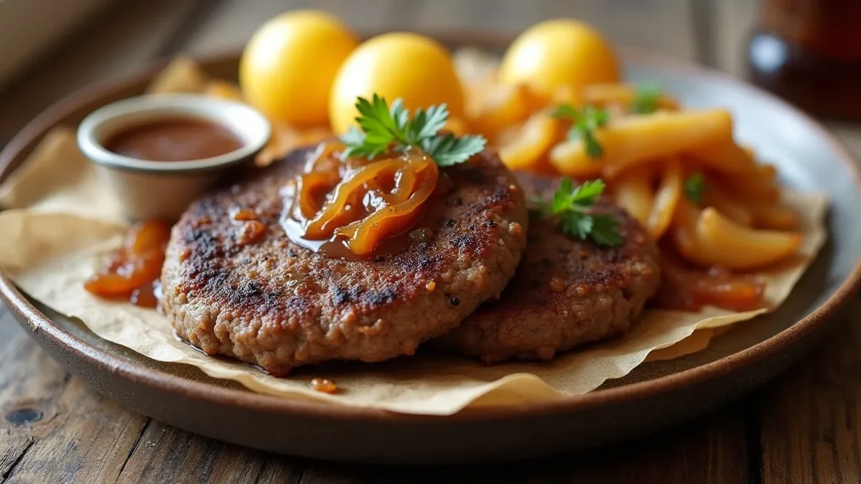 Pan-fried Danish beef patties topped with caramelized onions, served with boiled potatoes and brown gravy on a white plate.