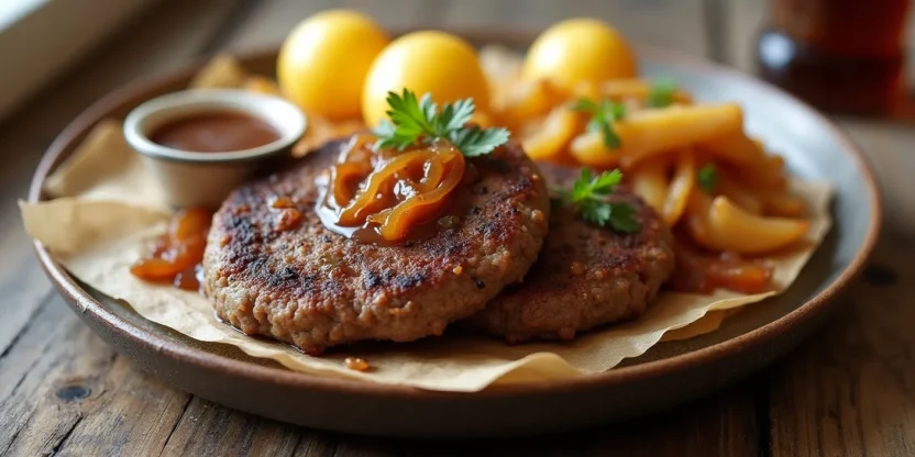 Pan-fried Danish beef patties topped with caramelized onions, served with boiled potatoes and brown gravy on a white plate.