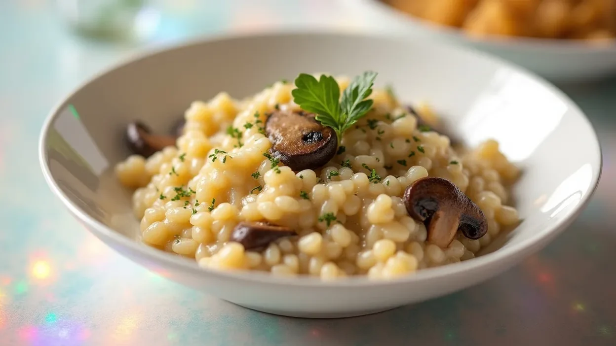 Visual guide to making Havarti mushroom risotto, showing each step from sautéing to stirring in cheese, with the final bowl of risotto topped with mushrooms and melty Havarti.