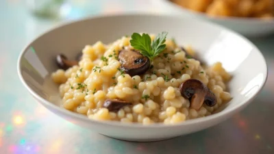Visual guide to making Havarti mushroom risotto, showing each step from sautéing to stirring in cheese, with the final bowl of risotto topped with mushrooms and melty Havarti.