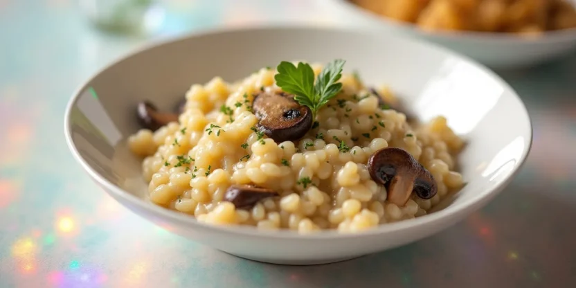 Visual guide to making Havarti mushroom risotto, showing each step from sautéing to stirring in cheese, with the final bowl of risotto topped with mushrooms and melty Havarti.