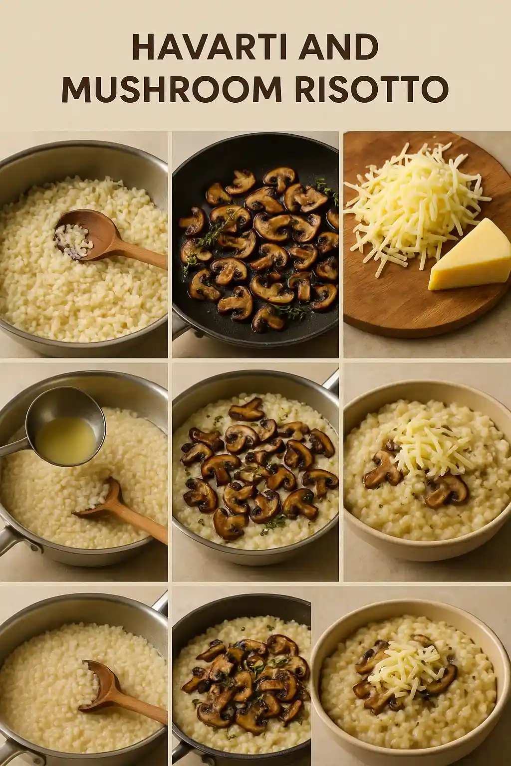 A step-by-step collage showing the process of making Havarti and mushroom risotto—from cooking rice and mushrooms to mixing in shredded cheese and serving the final creamy dish.