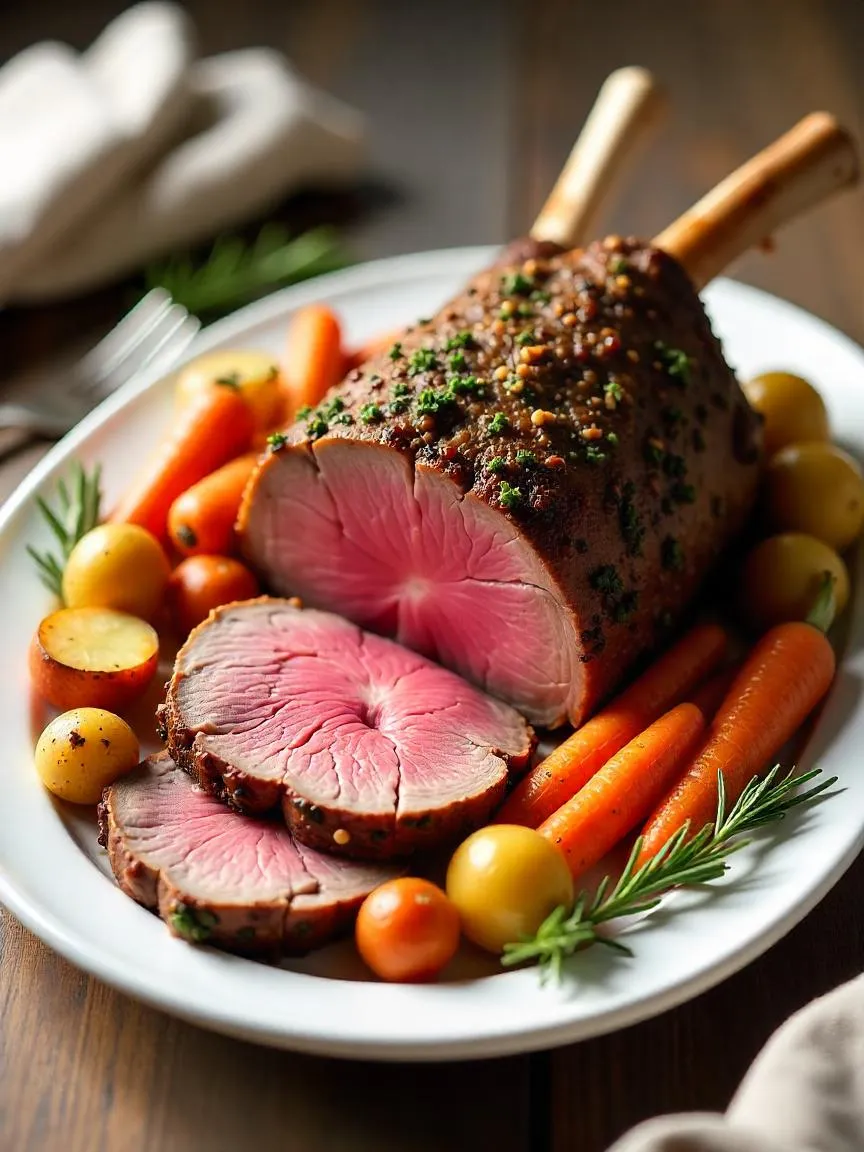 Perfectly roasted rack of lamb with a golden herb crust, sliced and served on a white platter. Surrounded by roasted carrots, potatoes, and fresh rosemary sprigs.

