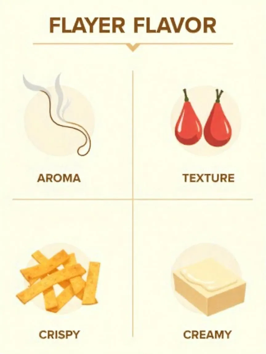 A clear educational graphic that illustrates the role of aroma and texture—like crispy and creamy—in shaping how food tastes. Designed for learning flavor perception. 