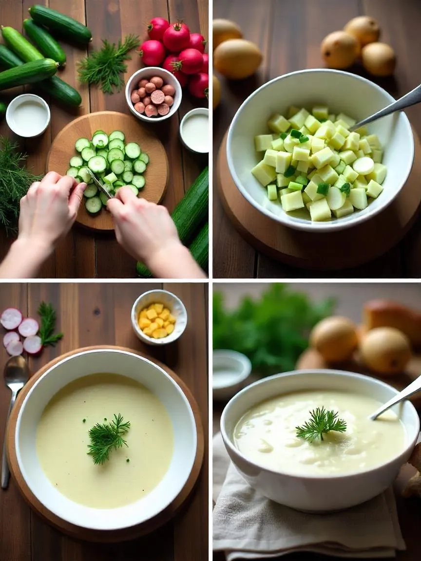 A step-by-step visual guide to making Russian okroshka. From preparing fresh vegetables and sausage to pouring the chilled base and garnishing the finished soup. 