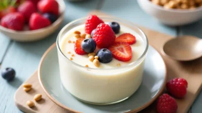A bowl of creamy Danish Koldskål topped with fresh berries and crunchy vanilla biscuits.