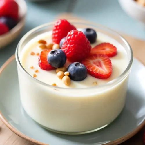 A bowl of creamy Danish Koldskål topped with fresh berries and crunchy vanilla biscuits.