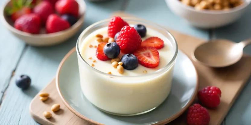 A bowl of creamy Danish Koldskål topped with fresh berries and crunchy vanilla biscuits.