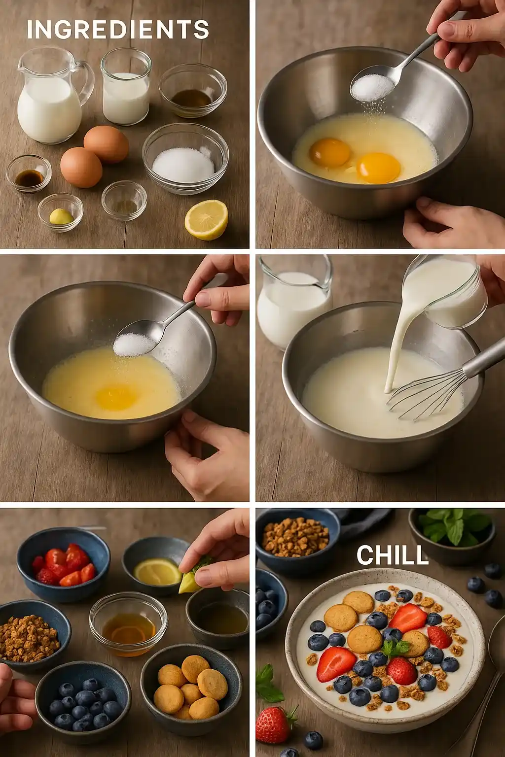 Step-by-step recipe card for traditional Danish Koldskål buttermilk dessert.