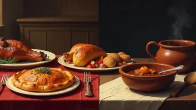 Illustration showing a royal medieval feast beside a modest peasant meal, highlighting the contrast in food between social classes.
