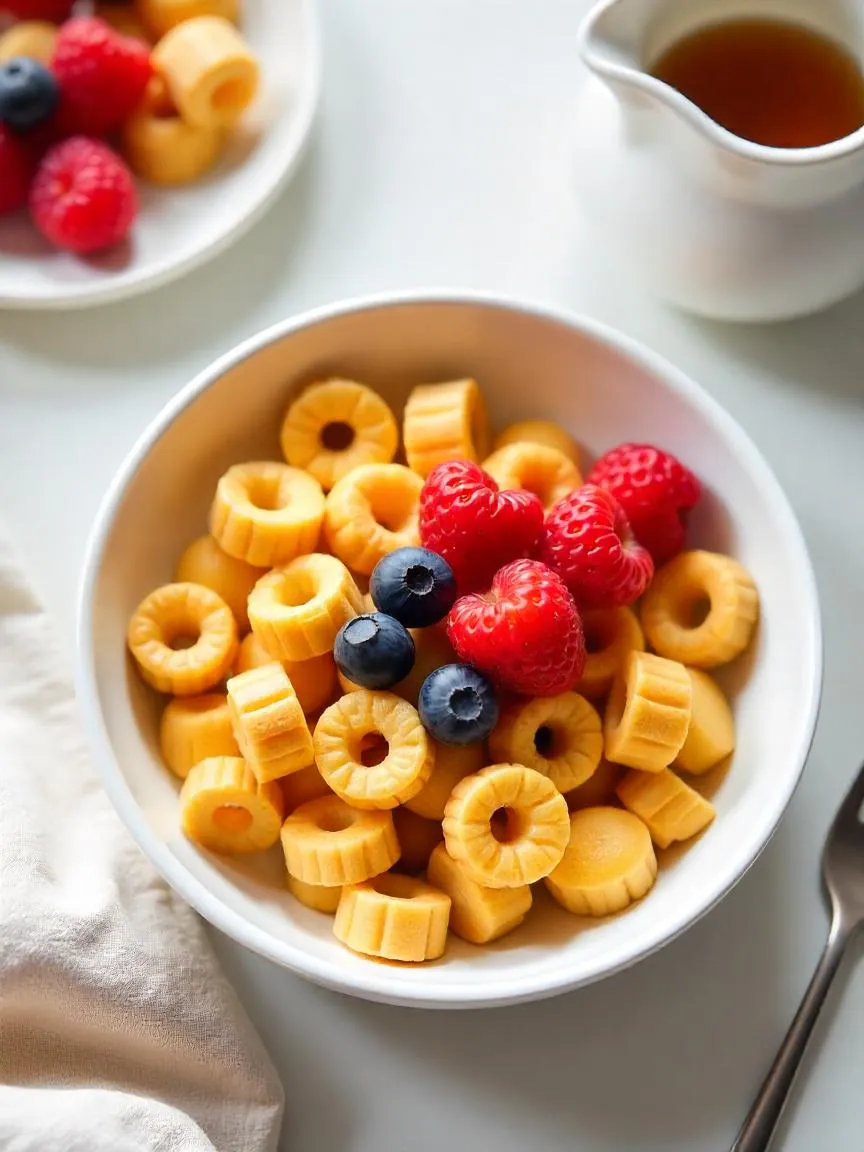 A bowl of mini pancake cereal topped with fresh berries and drizzled with maple syrup, served with a spoon on a light-colored surface.