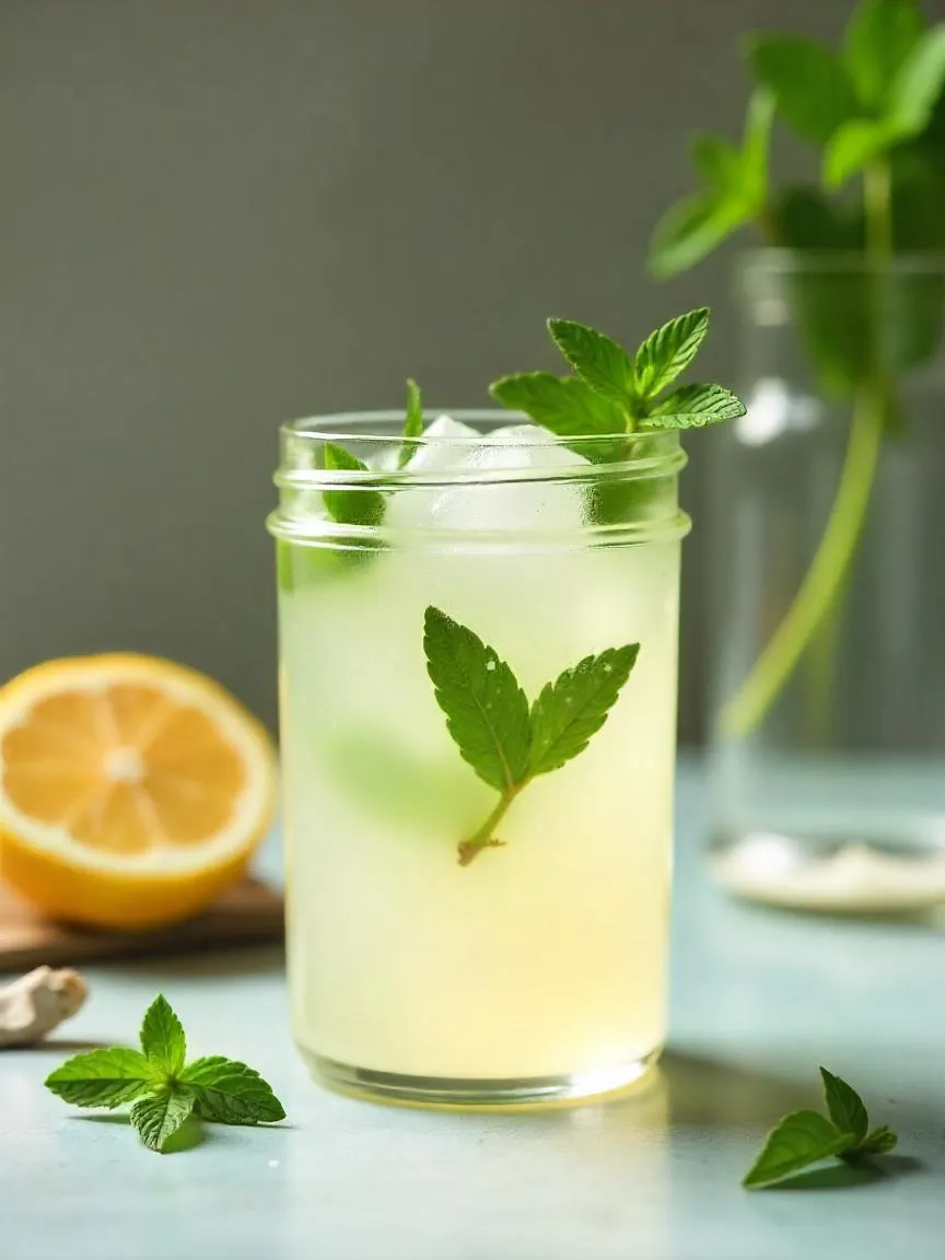 Pitcher of pale yellow lemonade with mint-infused syrup, fresh mint sprigs, and lemon slices floating inside, placed on a rustic wooden surface.