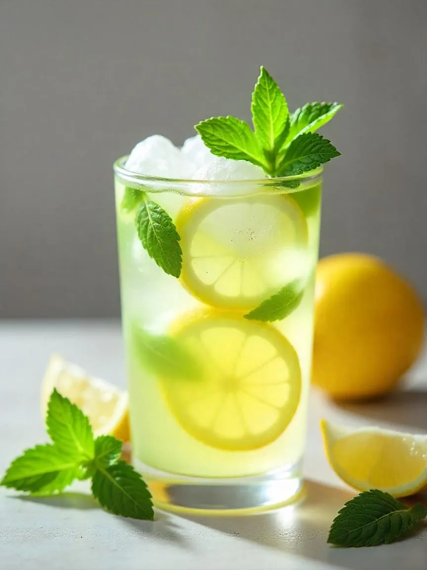 Glass of icy lemon drink garnished with fresh mint leaves and lemon zest on a bright summer table.