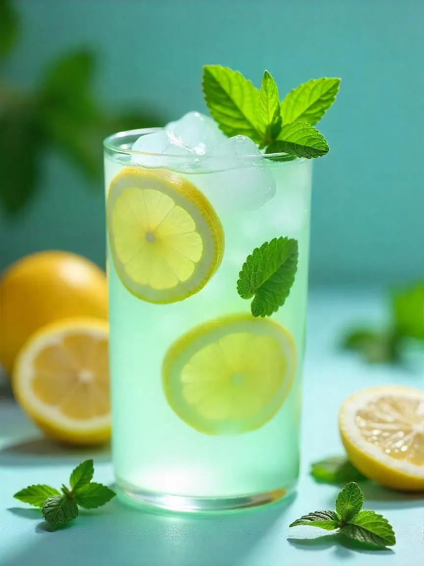 Chilled Mediterranean-style mint lemonade in tall glasses, garnished with whole mint leaves and a delicate rose petal, set against a sunny outdoor background.
